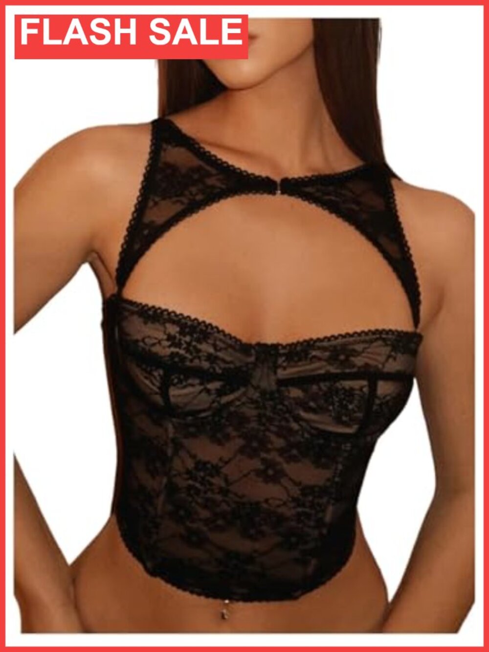 Lace Cut Out Bustier Corset Crop Tank Top Hook Eye Back Slim Fit